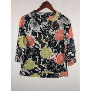 Lafayette 148 Shirt Womens 0 Multicolor Floral Print 3/4 Sleeve Tunic Top Cotton